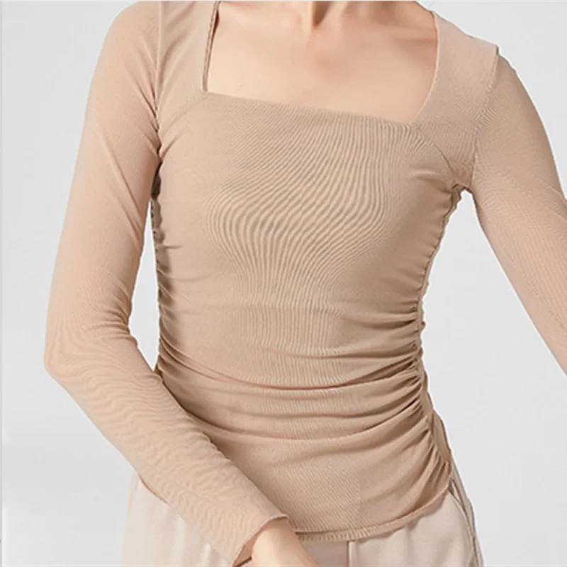 Women Classical Dancewear Tank Neck Long Sleeve Mesh Top Double Side Pleated Design Chinese Modern Style Clothes Stage Costume