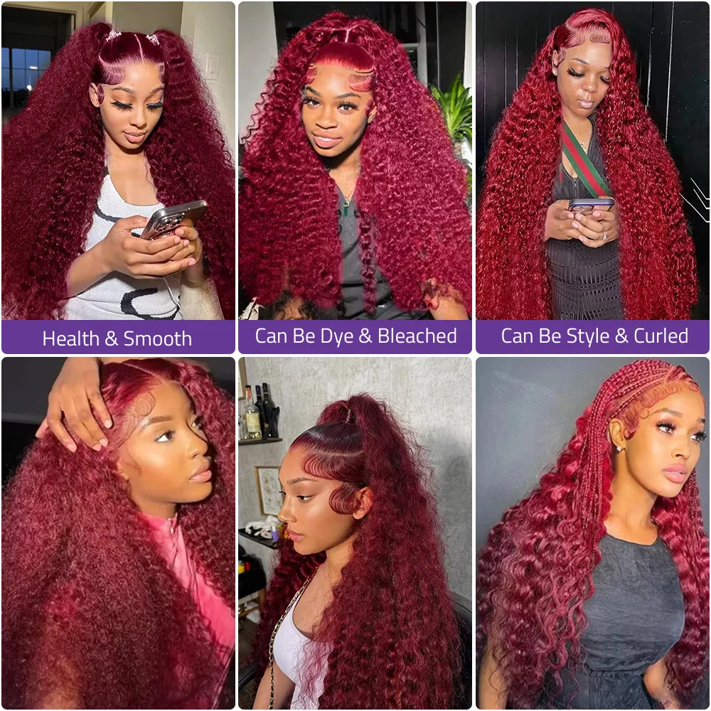 13x4 الدانتيل الشفاف بورجوندي موجة عميقة شعر مستعار أمامي البرازيلي 99j مجعد 13x6 Hd الدانتيل الجبهة خصلات الشعر المستعار الإنسان للنساء