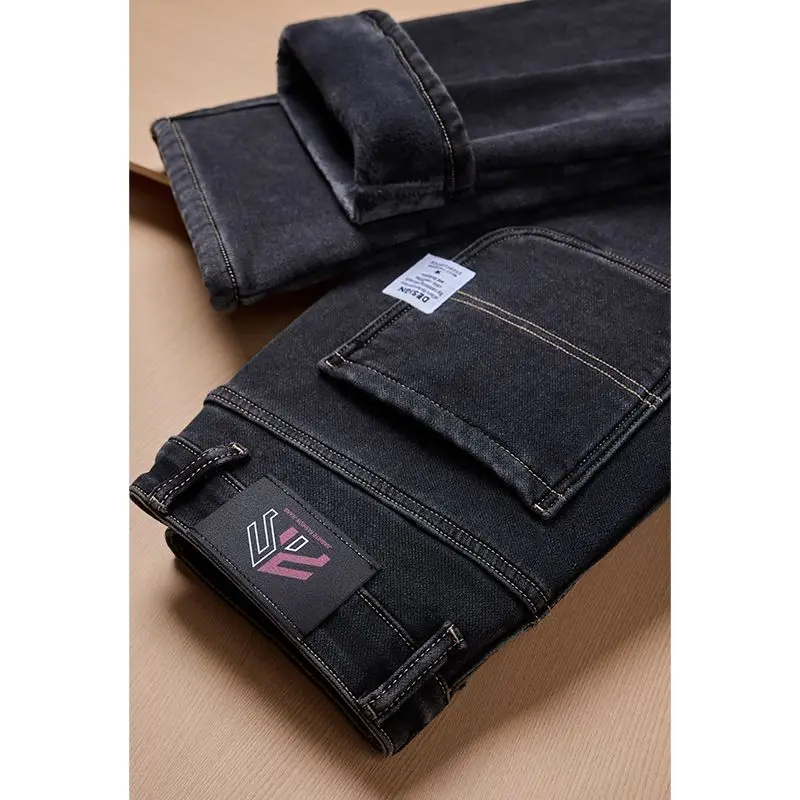 New Winter Warm Jeans Men's Fleece Thickened Slim Straight Trousers Fashion Stretch Cotton Casual Denim Pants Brand Clothes