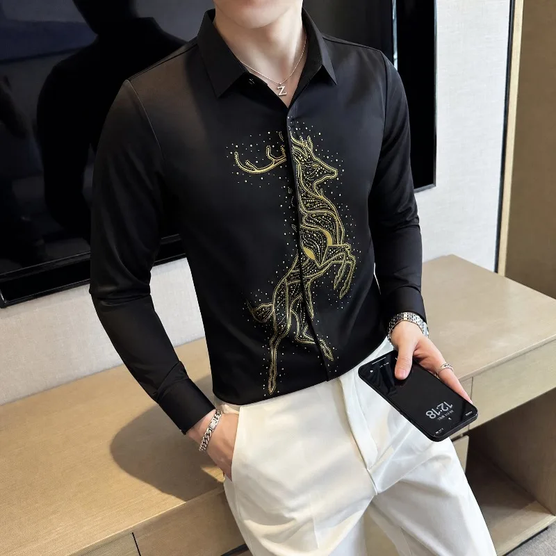 2026 Autumn Rhinestone Long Sleeved Seamless Business Shirt High-quality Casual Social Shirts Banquet Party Streetwear Shirt