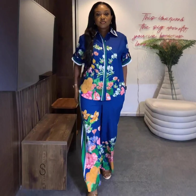 アフリカファッション レディース 夏 ツーピースセット ヴィンテージ 花柄プリント 半袖シャツ ワイドレッグパンツ セット