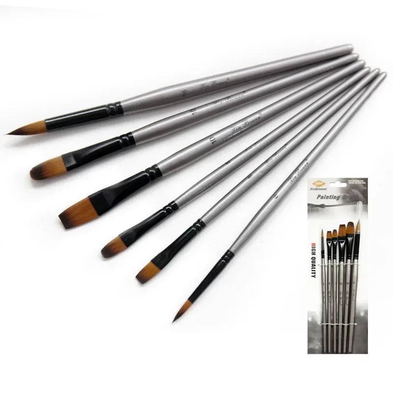 6 silver multi-function brushes Nylon aluminum tube oil brush DIY painting birch pole brush art supplies Children's painting