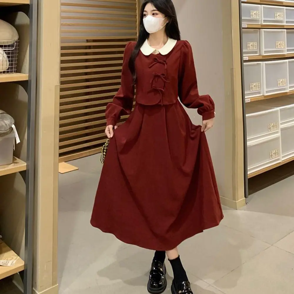 Plus Size 6XL 150kg Autumn Winter Women Long Dress Peter Pan Collar Oversized Loose Dress High Waist Women Maxi Dress