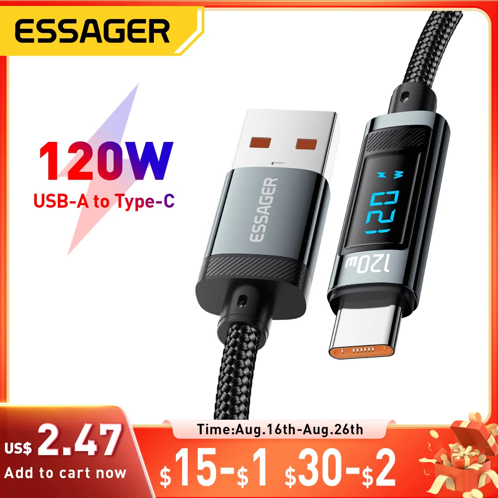 Essager 120w usb tipo c cabo de carregamento rápido usb c carregador para iphone 15 14 13 12 huawei com cabo display digital led