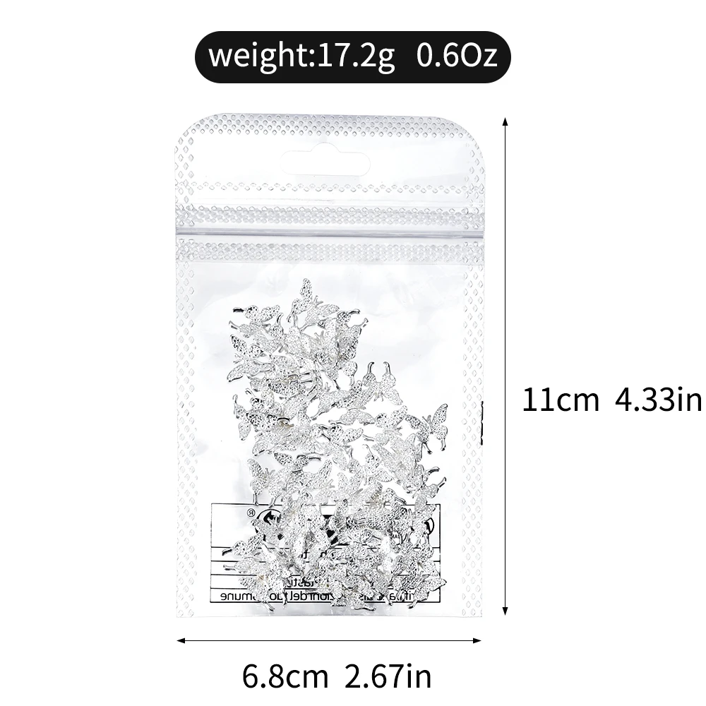 50Pcs 3D 실버 나비 네일 아트 매력 반짝이 다이아몬드 날개 나비 라인 석 DIY 럭셔리 매니큐어 장식 용품
