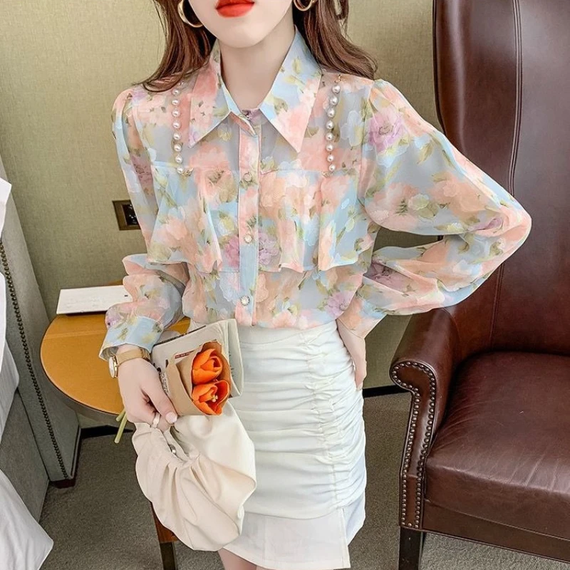 

Elegant 2026 Spring Autumn Chiffon Blouse for Women Long Sleeve with Pearl Ruffle Floral Pattern Comfortable​ Top