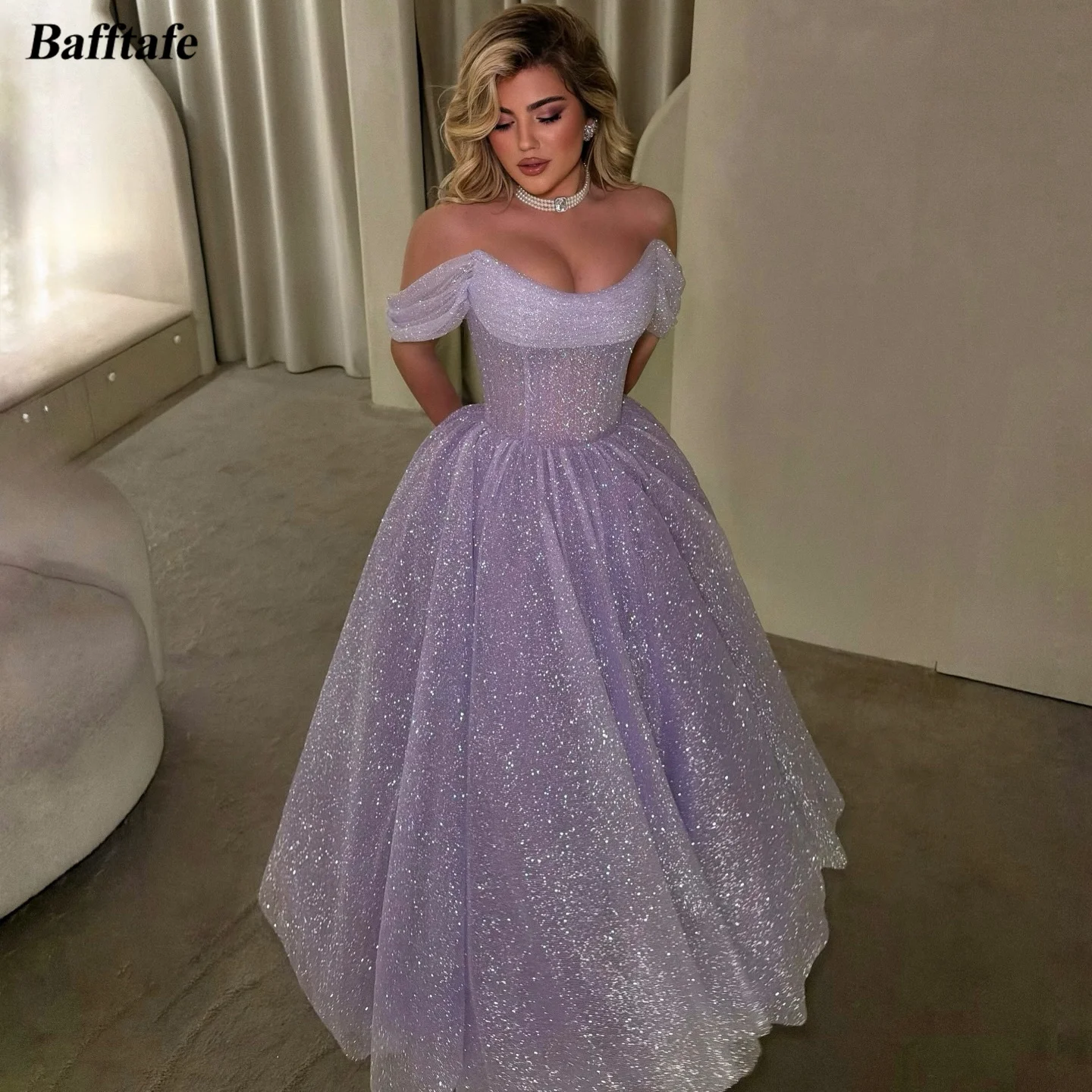 

Bafftafe Lavender Shiny Tulle Long Customized Prom Dresses Sheer Body Women's Special Occasion Dress Formal Evening Party Gowns
