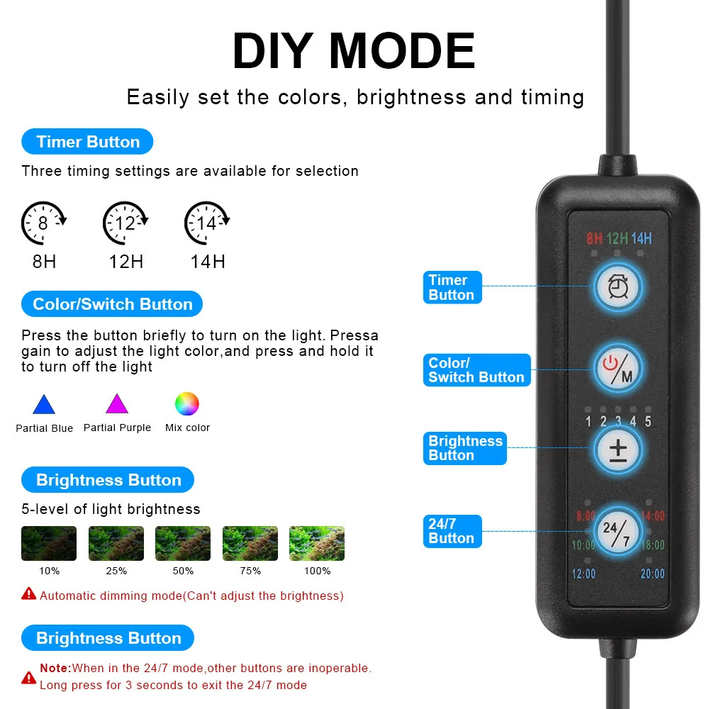 LED Aquarium Light Full Spectrum Reef Coral Lamp UV Dimmable Timer 24/7 Mode Fish Tank Clamp Light 8W 12W view 2