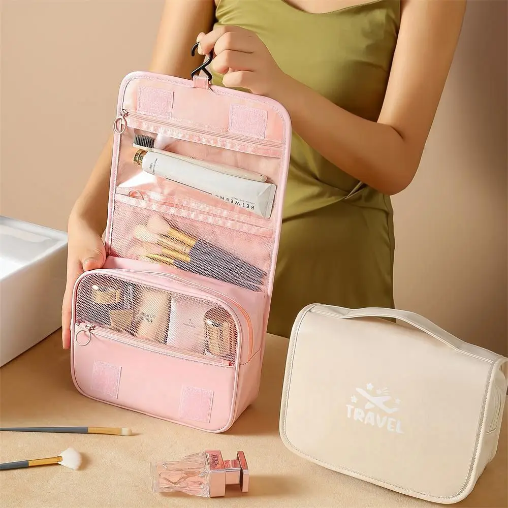 Fashion Letter PU Leather Hook Cosmetic Bag Storage Bag Zipper Makeup Pouch Bag Makeup Tote Handbag Travel Washbag Female/Girls