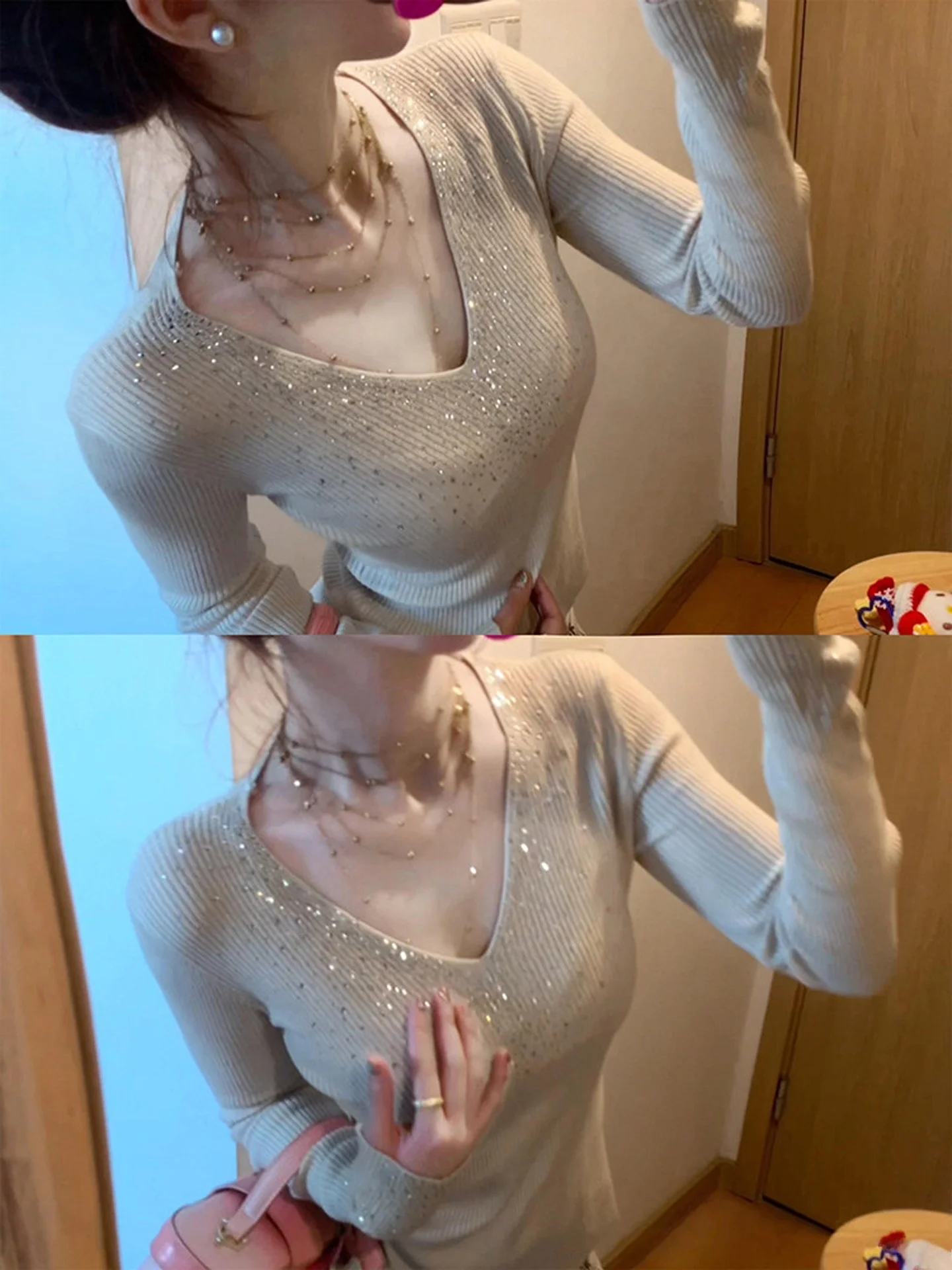 

Pure Desire V-Ne Diamond Knitted Base irt Women's Spring Lightweight Luxury Design Slim Fit Beautiful Inner Wear Top