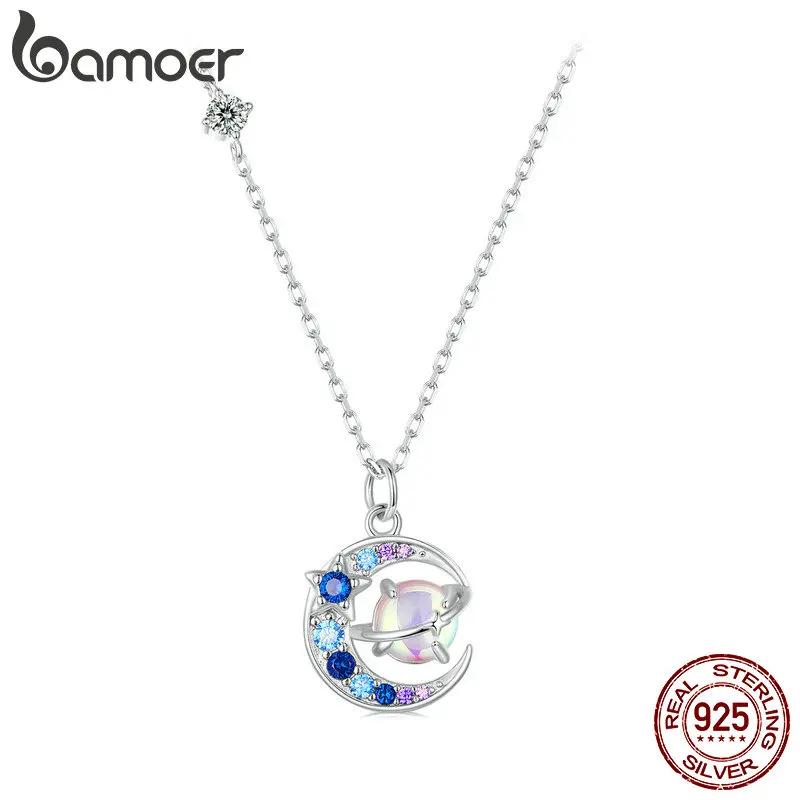 BAMOER Planet Necklace 925 Sterling Silver Star Moon Saturn Universe Space Pendant Birthday Jewelry Gifts for Women Girls