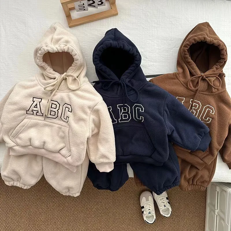 Autumn Winter Kid Tracksuit Boy Baby Fleece Thick Hoodies Set Girl Children Plus Velvet Warm Tops+Pants 2psc Kid Sweatshirt Suit