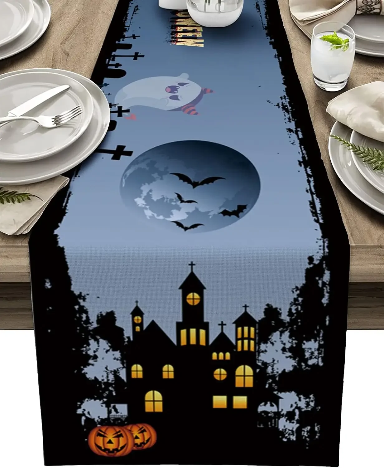 

Halloween Pumpkin Castle Linen Table Runners Home Decor Reusable Kitchen Home Dining Table Runners Coffee Party Decorations