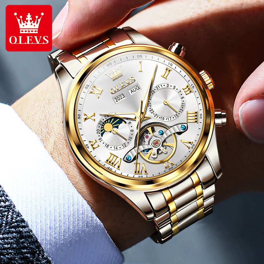 OLEVS Men\'s Watches Automatic Calendar Moon Phase Dial Skeleton Tourbillon Design Stainless steel Waterproof Relogio Masculino