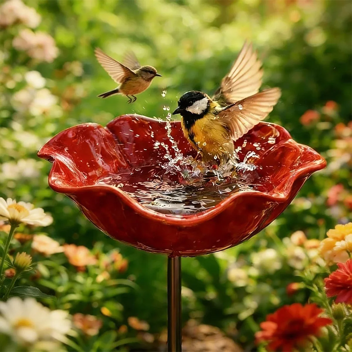 Metal Flower Garden Stake Pollinator Friendly Water Feeder Outdoor Bird Bath with Stake Bee Watering Station for Garden Bird Bat