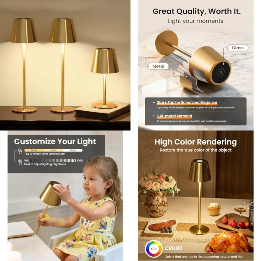 

Cordless Table Lamp, Portable Battery Operated Lamp with 3 Color Temps and Stepless Dimming, Rechargeable Table Lamp for Dinner
