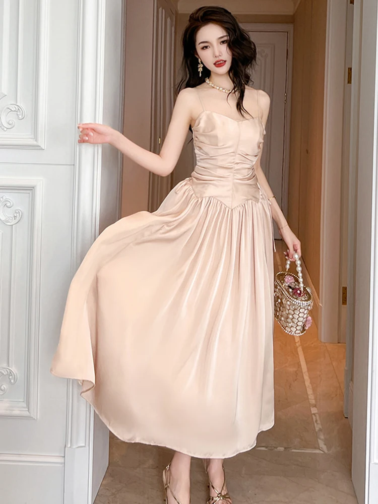 Luxury Suspender Dress Fashion Show Satin Apricot Black Strap Slip Swing A-line Robe Femme Pleated High Waist Long Vestido Party