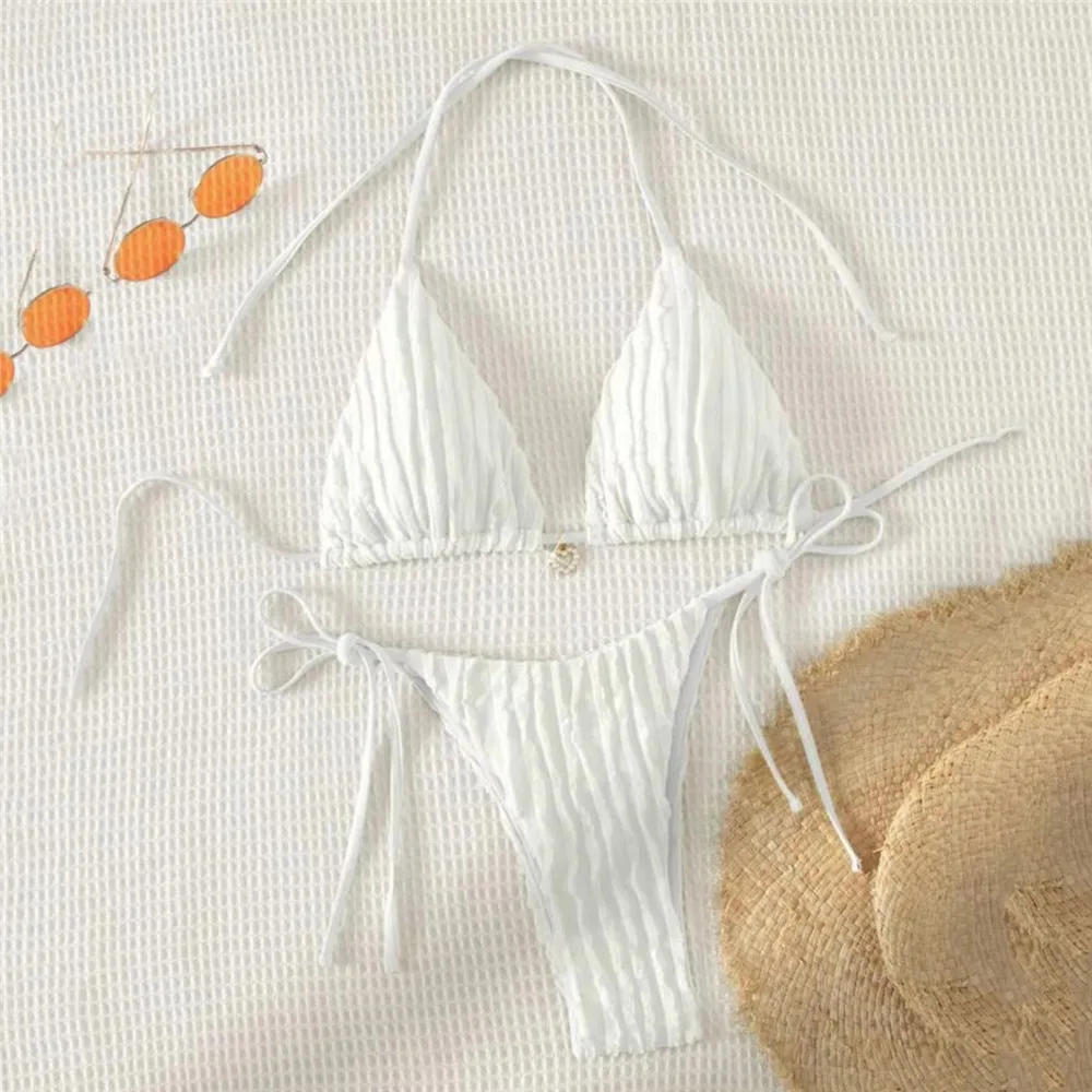 Triangle Micro Bikini for Women Yellow String Halter Thong Sexy Swimsuit Heart Bead Swimwear Bathing Suit Mini Bikinis Sets 2024