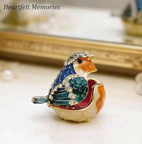 Ornate Enamel Robin Figurine With Rhinestone Detailing, Hinged Trinket Box For Ring And Earring Storage, Decorative Home - view 5
