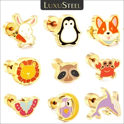 LUXUSTEEL-pendientes de tuerca de Animal colorido para niñas, joyería antialérgica de acero inoxidable, conejo, pingüino, perro, BFF, regalos