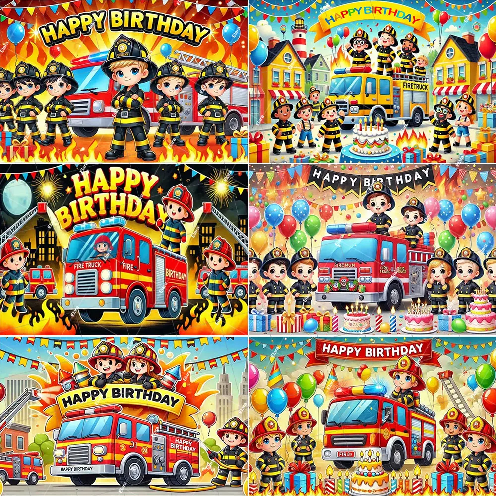 

Cartoon Firefighter Firetruck Children Boy Birthday Party Decor Red Fire Truck Baby Shower Photography Backdrop Banner Supplies