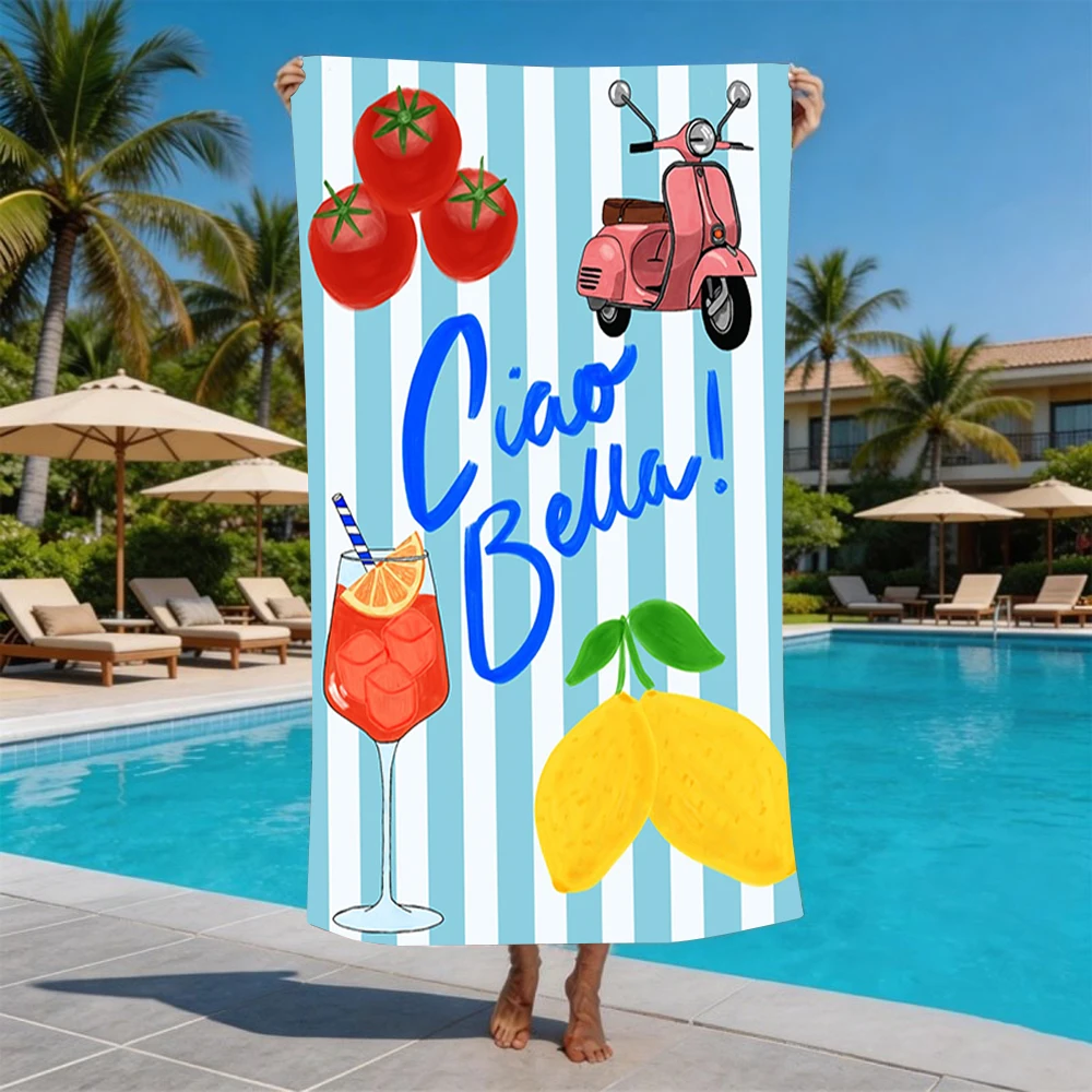 Pink Stripe Seafood Cocktail Ciao Bella Print Beach Towel Soft Sand Resistant Pool Towel Summer Holiday Swim Summer Pool