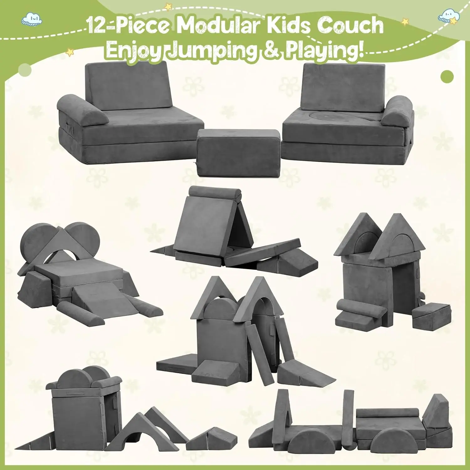 [Helong Store]12PCS Modular Kids Play Couch, Kids Couch, Sectional Sofa Imaginative Furniture Play Set for Creative Children, Co