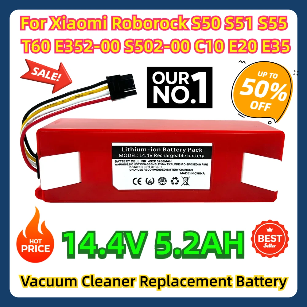 

For Xiaomi Roborock S50 S51 S55 T60 E352-00 S502-00 C10 E20 E35 14.4V 5.2AH SC Batteries Vacuum Cleaner Battery Replacement