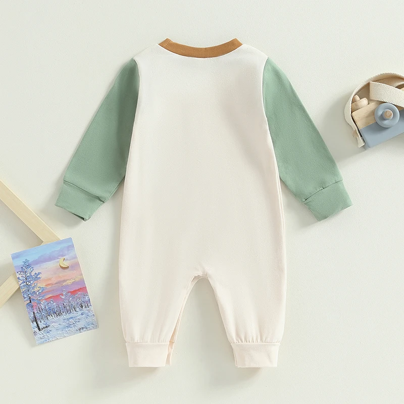 Newborn Infant Baby Boy Long Sleeve Round Neck Contrast Color Pocket Romper Pajamas Jumpsuit Fall Winter Clothes Outfit