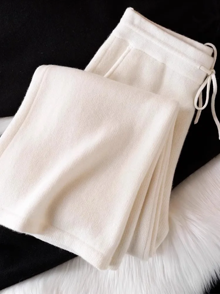Pantalon blanc paresseux et décontracté pour femme, nouvelle collection automne et hiver, jambes larges, taille haute, droit, tricoté, décontracté