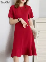 ZANZEA Women Red Mermaid Dress Vintage Short Sleeve Ruffled Sundress Elegant Party Solid Robe Casual Waisted Knee Length Dress