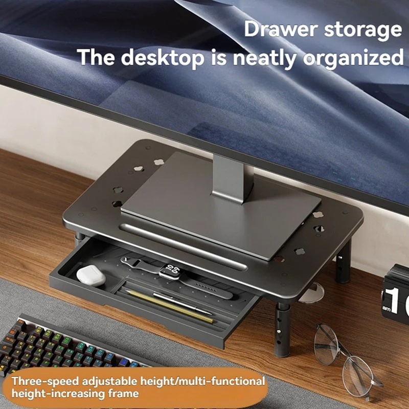 Super Sale Computer Monitor Stand 3 Height Adjustable Computer Rack with Drawer Elevated PC Screen Stand Reduce Neck Strain