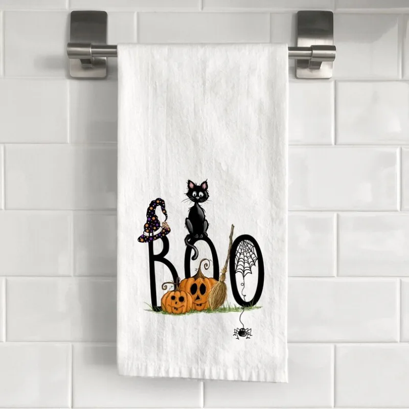 

2024 Happy Halloween Kitchen Wreath Tea Towel Halloween Favors Supplies Kitchen Decoration Halloween Home Decor Black Cat Towels