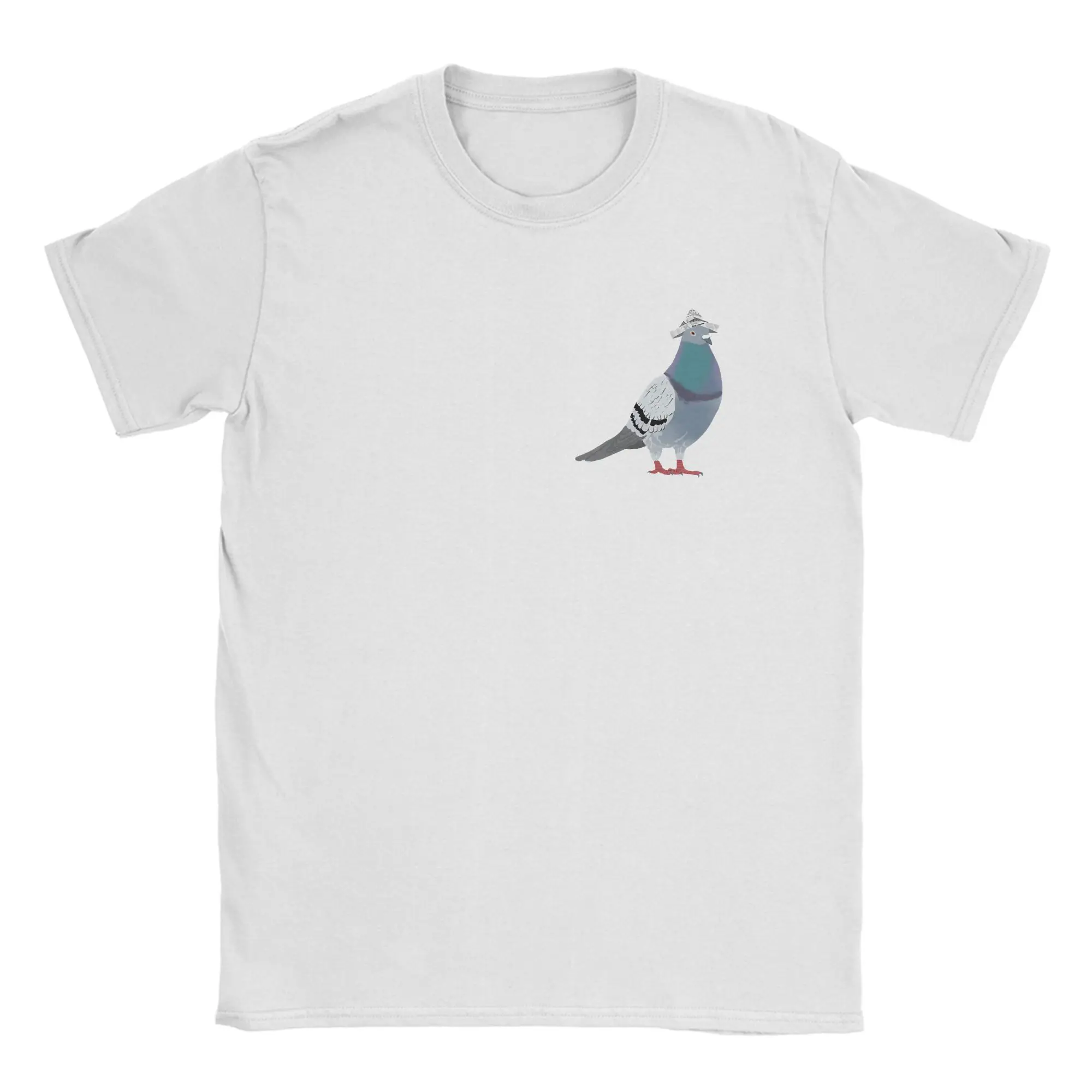 Priting Pigeon with Newspaper Hat T Shirt Men Crewneck Short Sleeve Top Tee  100%Cotton Summer Tops