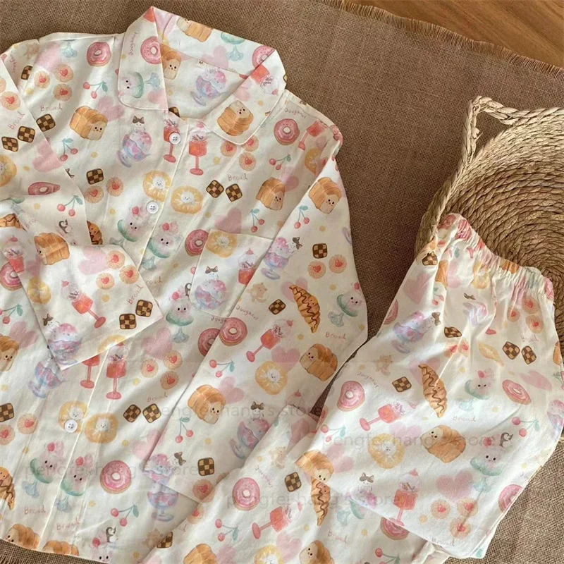 

100% хлопковая пижама Mujer, одежда для сна, милый пижамный костюм с рисунком пончика, 2 шт., пижамы De Mujer, осенняя новая мягкая домашняя одежда