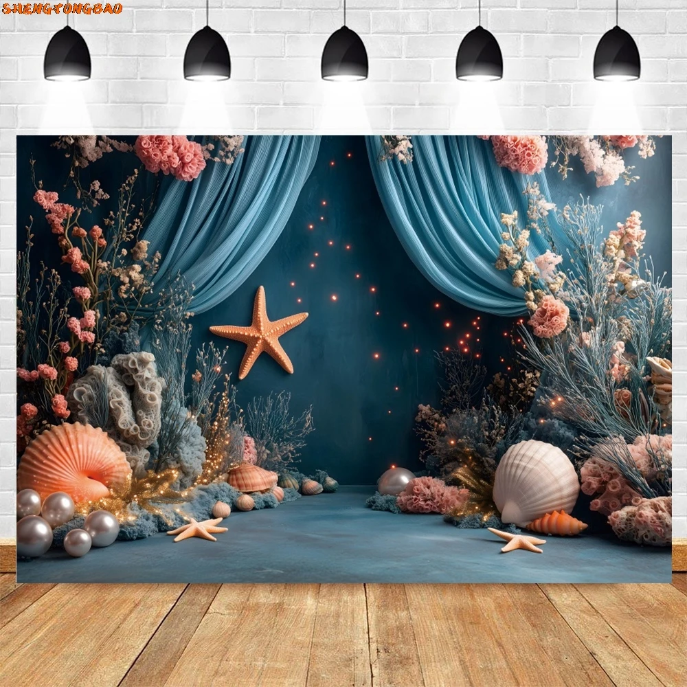 Blue Underwater World Scene Backdrop Starfish Coral Seaweed Baby Shower Birthday Party Kid Portrait Photography Background Decor