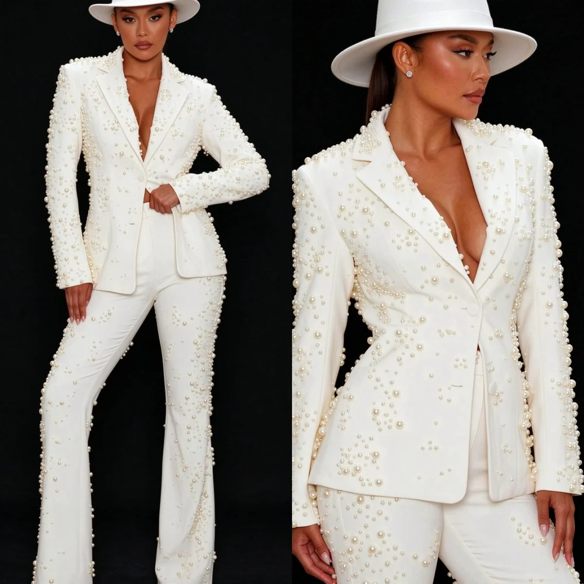 Luxury Women Suits Handmade Pearls 2 Piece Set Jacket Pants Mother Blazer Fashion  Notched Lapel Female Suit Party Customized
