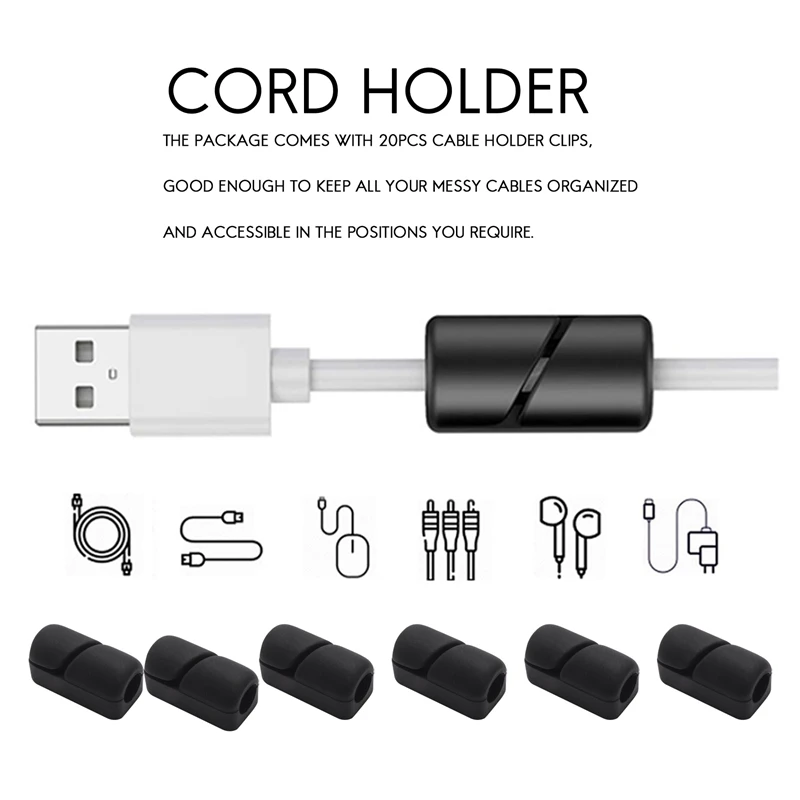20 Pcs Cable Holder Clips, Cable Management Cord Organizer Clips Silicone Self Adhesive For Desktop USB Charging Cable