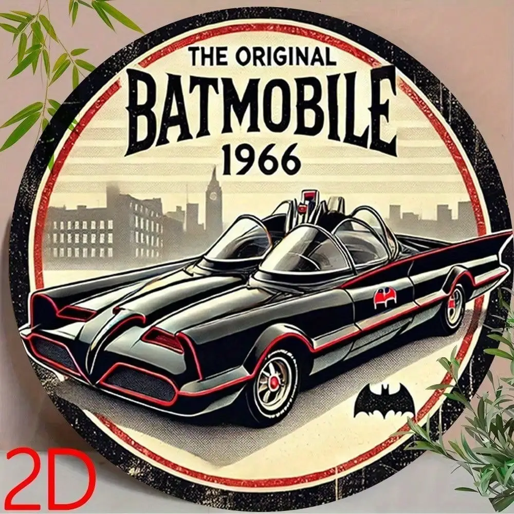 1966 Batmobile Metall-Blechschild Retro Superhelden Wanddekoration Vintage Rundes Schild für Zuhause Bar Garage Männerhöhle Rustikal