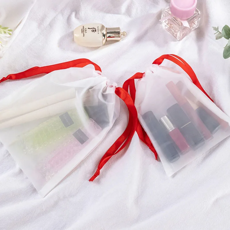 20pcs/lot Mesh Nylon White Drawstring Pouches with Red Rope For Cosmetic Jewelry Packaging Bags Wedding Gift Candy Bags