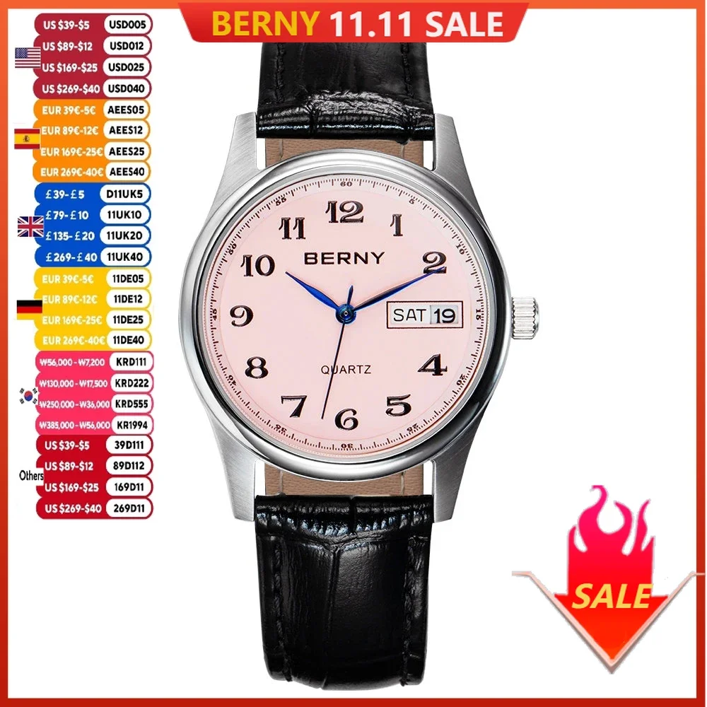 BERNY Women's Watches Calendar Week Casual Simple Dress Watch Stainless Waterproof Easy Read Fashion Elegant Ladies Wristwatch