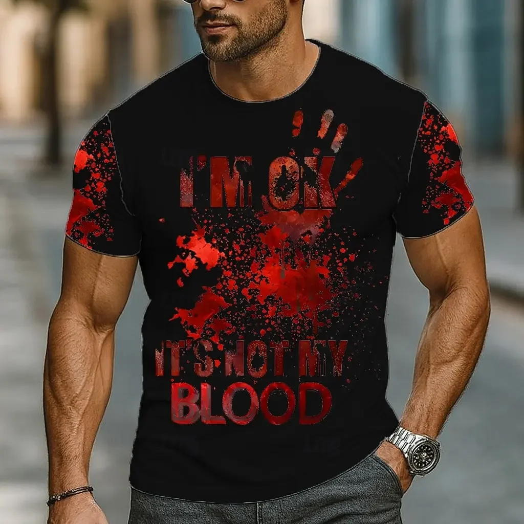 Fashion Men I'm OK It's Not My Blood T-Shirt Halloween T Shirt Funny Horror Blood Splatter Short Sleeve Top Novelty Tshirt
