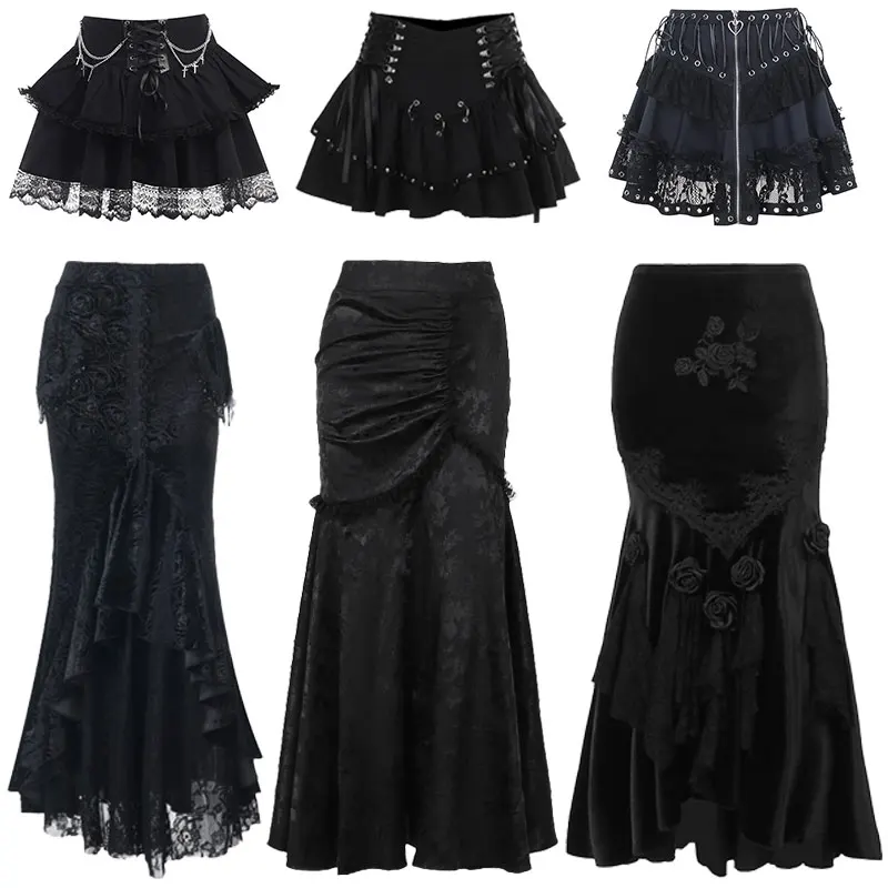 Black Skirts for Women 2000s Gothic Punk Dark Lolita Mini Skirt New Halloween Y2K Elegant Evening Party Club Harajuku Long skirt