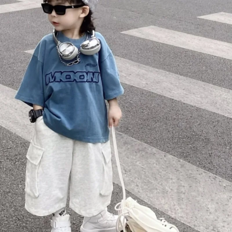 

Летний детский хлопковый комплект для мальчиков, детская футболка из чистого хлопка с короткими рукавами и шорты, комплект из двух предметов