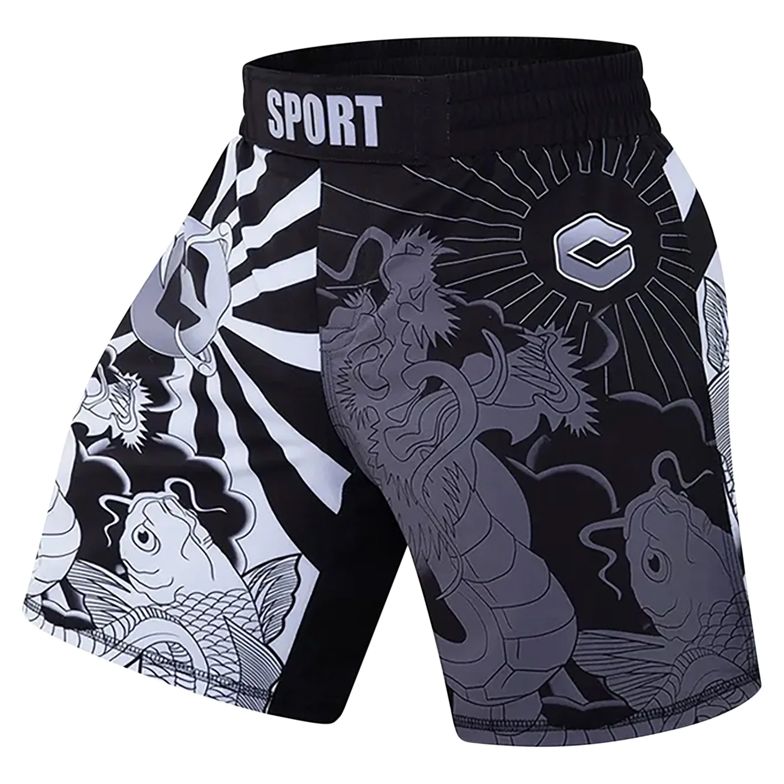 

Men Stylish Printed Boxing Shorts Training Exercise Elastic Waistband Hook-And-Loop Fastener Placket Side Slit Boxer Trunks