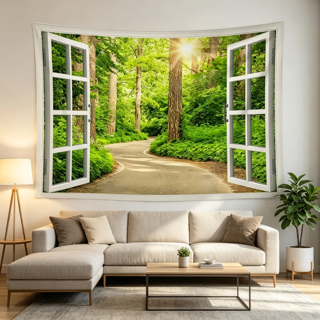 1PC Window Ocean View Print Backdrop Banner, Bedroom Living Room Photo Background, Polyester Wall Hanging, Home Decor, Wall Art