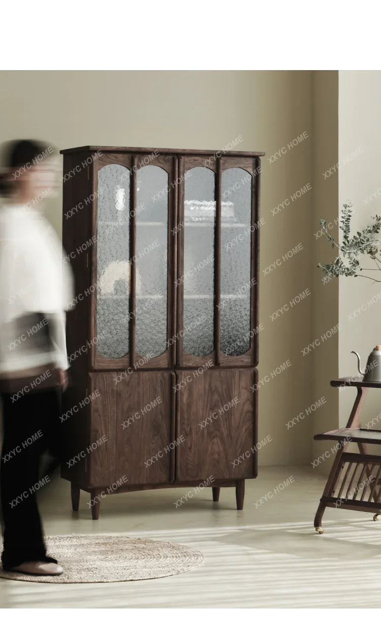 solid wood floor-to-ceiling bookshelf light luxury simple black walnut glass door bookcase