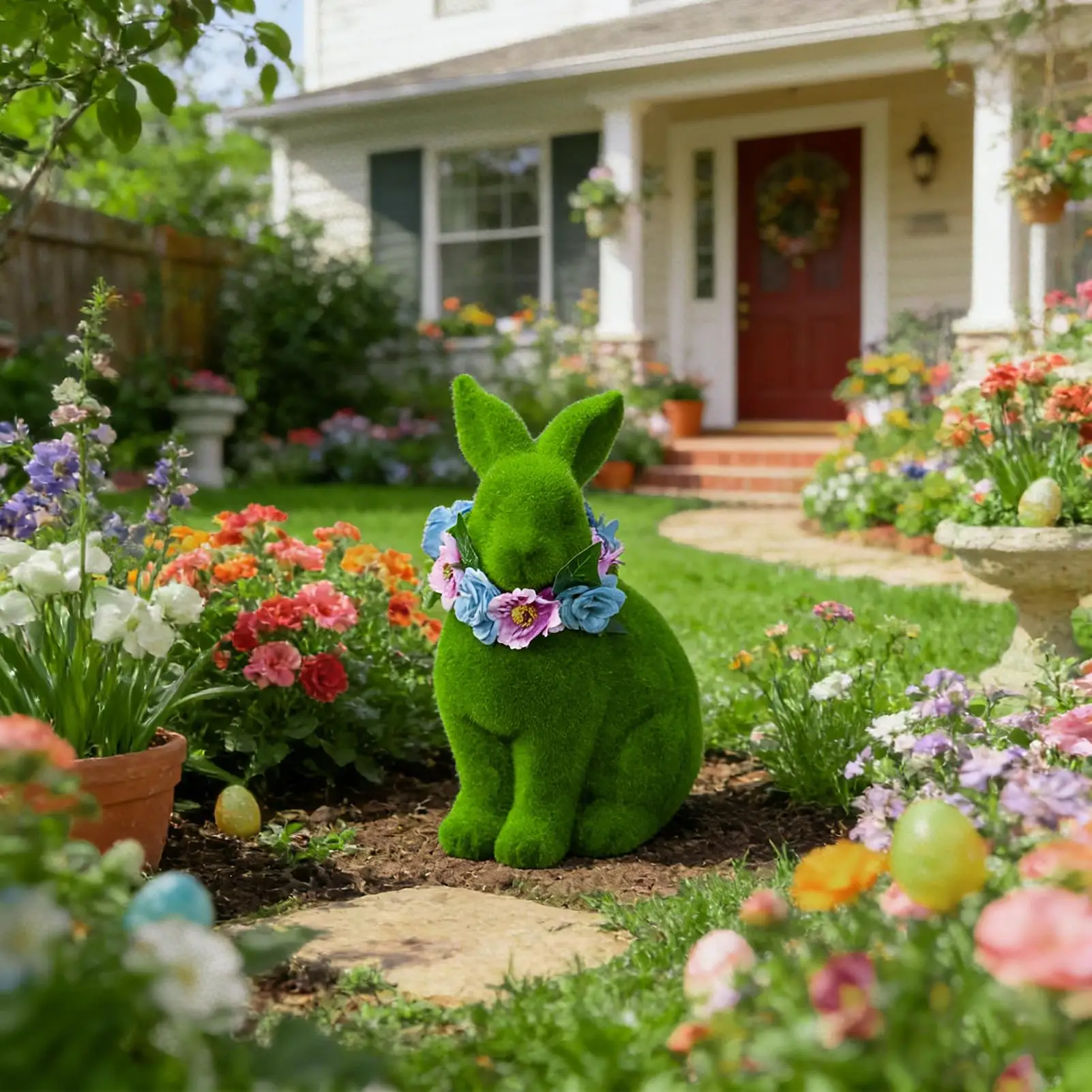 Bunny Figurines 3D Resin Green Home Decor Wearing A Floral Wreath Easter Bunny Garden Decor For Yard Garden Lawn Porch Door