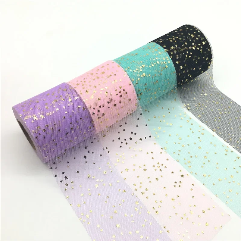 20yards/lot Width 6cm Golden Star Spot Printed Glitter Tulle Mesh Roll Spool Tutu Pom Soft Squine Tulle DIY Crafts Decoration