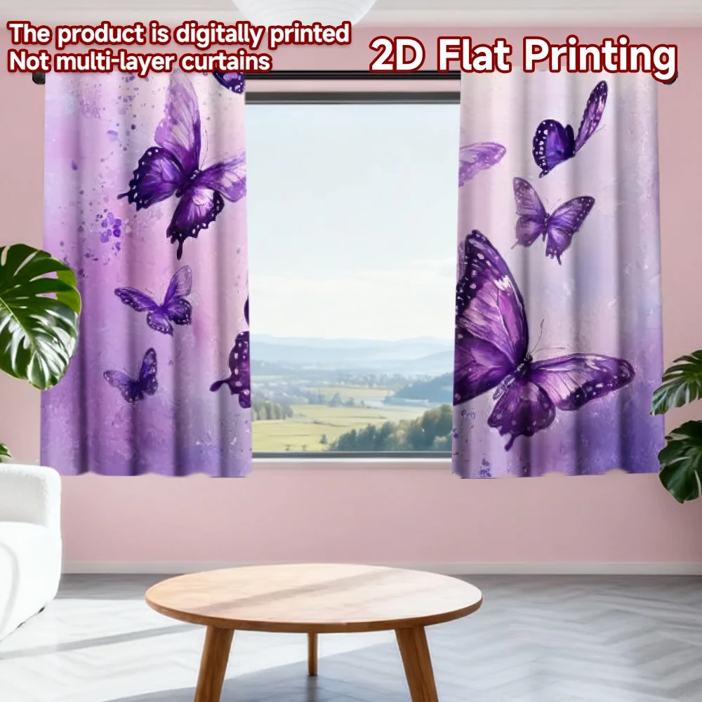

2D flat printing 2pcs Drapes Purple Butterflies in Flight Digital Printed Polyester Drapes Family Party Decoration Perfect for
